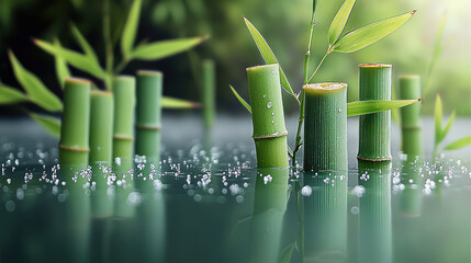 Poster - serene close up of bamboo stalks emerging from calm water, surrounded by droplets and lush greenery, evoking tranquility and natural beauty