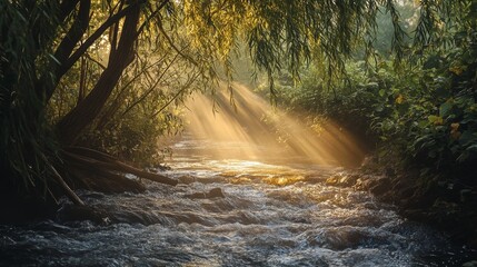 Wall Mural - sunbeams stream through trees onto a flowing river in a lush forest.