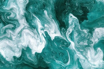Poster - Abstract fluid art in teal and white creating a mesmerizing marble effect with swirling patterns and organic shapes ideal for backgrounds and creative designs