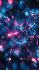 Poster - microscopic view of a neuron cell with glowing synapses.