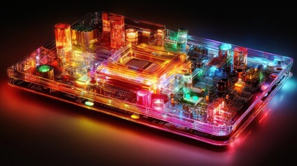 Poster - Transparent colorful illuminated computer motherboard.