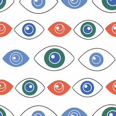 Poster - Hand Drawn Seamless Vector Swirly eyes pattern featuring various colors and shapes, creating dizzying effect that captivates viewer attention, on white background, commercial use