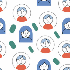 Poster - Hand Drawn Seamless Vector colorful pattern featuring stick figure heads with expressive looks, showcasing various hairstyles and emotions, on white background, commercial use