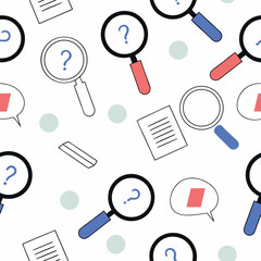 Poster - Hand Drawn Seamless Vector Magnifying glasses, clues, and question marks create playful and engaging seamless pattern, perfect for investigation themes, on white background, commercial use