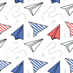 Poster - Hand Drawn Seamless Vector Colorful paper airplanes in seamless pattern with dotted trails, evoking sense of playfulness and creativity, on white background, commercial use