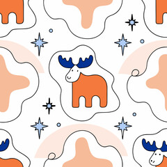 Poster - Hand Drawn Seamless Vector Cute moose pattern with stars and abstract shapes, perfect for playful designs and children decor, on white background, commercial use