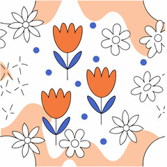 Poster - Hand Drawn Seamless Vector Colorful floral pattern featuring orange tulips and white daisies with blue accents, creating cheerful and vibrant design, on white background, commercial use
