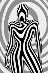 Poster - Striking Abstract Figure in Black and White Stripes Against Circular Background for Modern Art Enthusiasts