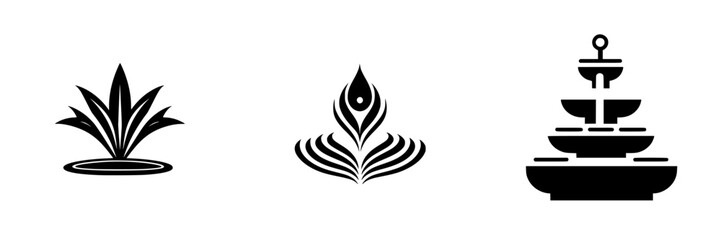 Poster - decorative black icons depicting fountain and lotus designs in stylized forms for artistic or brandi
