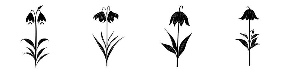 Poster - stylized black flower icons arranged in a row showcasing diverse floral designs for decoration or il