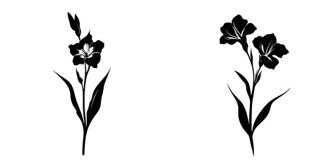 Poster - black floral icons featuring two distinct flower designs with elegant leaves, showcasing simplicity 