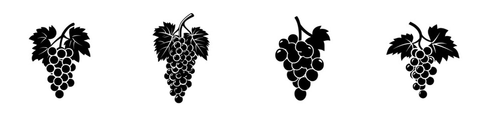 Poster - elegant black icon set showcasing grape clusters with distinct leaf designs for decorative use in va