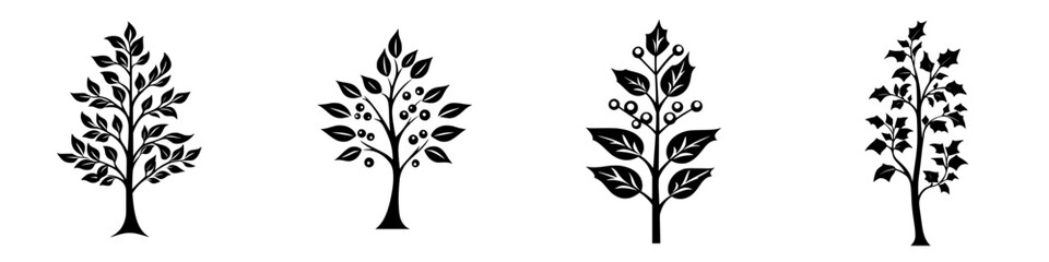 Poster - unique black icon designs depicting various trees with detailed leaves and branches, suitable for na