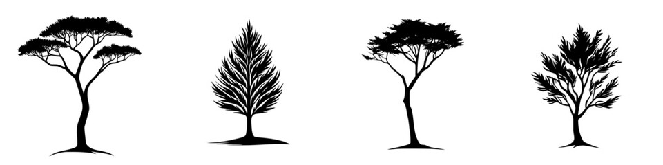 Poster - variety of black tree icons showcasing different shapes and sizes in a minimalist design suitable fo