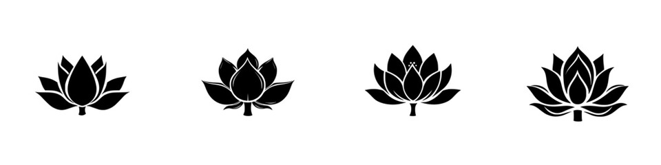 Poster - black icon representations of lotus flowers symbolizing beauty, purity, and spirituality in various 