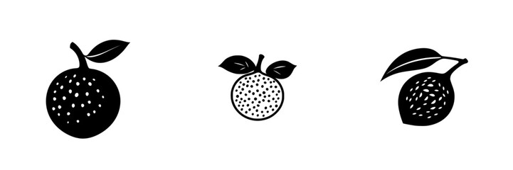 Poster - black icon set featuring stylized fruit designs in various sizes and shapes with leaves on a white b