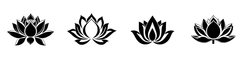 Poster - variety of black lotus flower icons showing different designs and styles suitable for logo or graphi