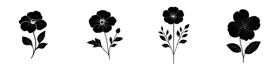 Poster - four black flower icons arranged neatly on a white background showcasing floral design elements