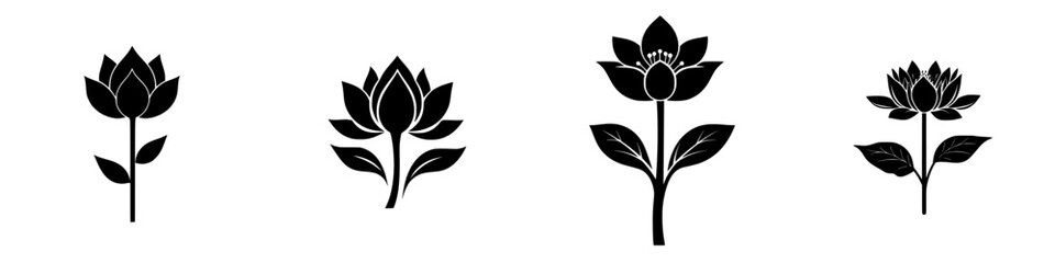 Poster - multiple black floral icons representing various styles of lotus flowers with simple, clean designs 