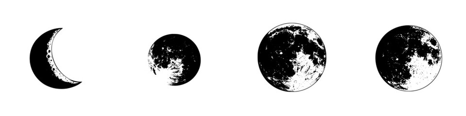 Poster - illustrative black icons depicting the phases of the moon from crescent to full