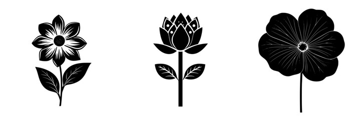 Poster - stylized black flower icons showcasing different designs and shapes for creative projects