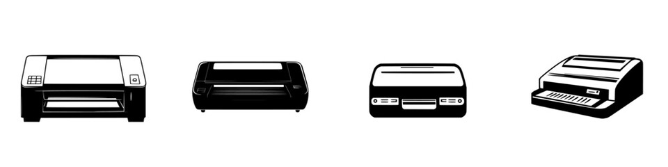 Poster - collection of black printer icons showcasing various designs and features for office use and printin