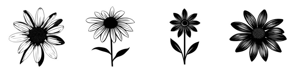 Poster - black floral icons showcasing diverse daisy designs suitable for digital use and graphic projects