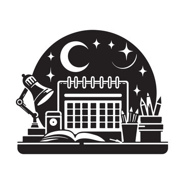 Desk Calendar  Silhouette Vector Illustration, Solid White Background.
