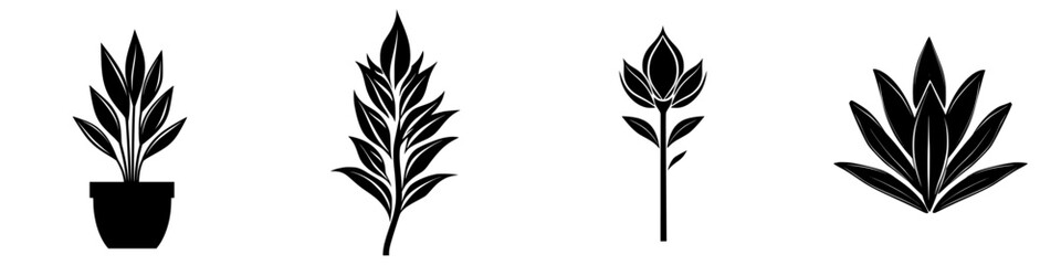 Poster - variety of black plant icons showcasing different shapes and styles for design and decoration purpos