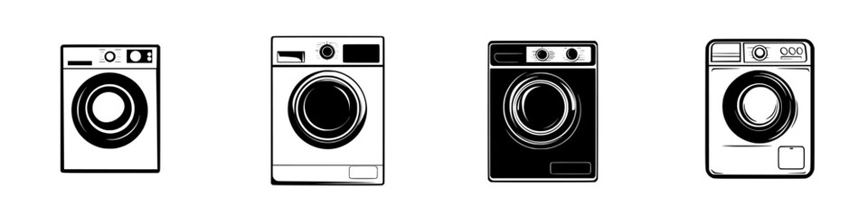Poster - collection of black and white washing machine icons representing modern laundry appliances in variou