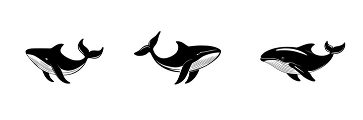 Poster - stylized black whale icons representing various species swimming gracefully in a minimalist design