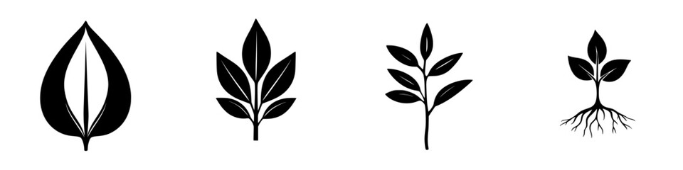 Poster - unique collection of black leaf and plant icon designs showcasing natural forms and growth stages in