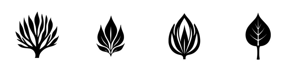 Poster - black icon set showcasing various leaf and tree designs representing nature's diversity in simple si
