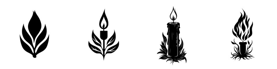 Poster - graphic design featuring black icons of plants and flames representing nature elements and their rel