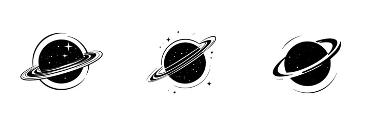 Poster - design featuring three black icons of planets with rings and stars in a minimalist style