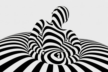 Poster - Surreal Black and White Striped Figure Merging with Spiraling Background in Hypnotic Art