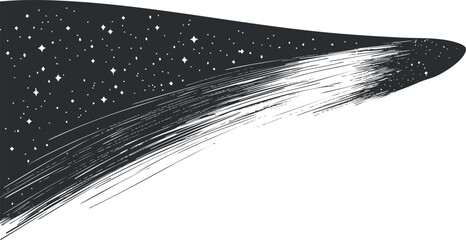 Wall Mural - black and white illustration of a comet with a bright tail streaking across a starry night sky in sp