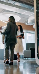 Aufkleber - Walking, introduction and people in lobby for business, schedule update or conference hall. Staff, project and keynote speaker with assistant in modern office for networking, seminar or career event