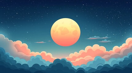 Wall Mural - Flat design of a moon with clouds drifting by in a pastel color palette