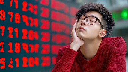 Poster - A young person, wearing glasses and a red sweater, appears contemplative in front of a backdrop of red numbers, suggesting a focus on finance or technology.