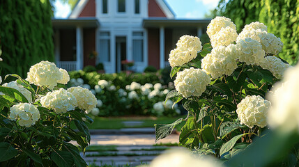 Poster - beautiful garden featuring lush hydrangea bushes in full bloom, showcasing white flowers against charming house backdrop. scene evokes tranquility and natural beauty