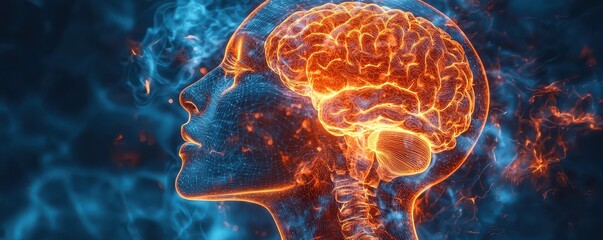 Poster - Illustration showing the human brain highlighted with neural pathways in vibrant colors