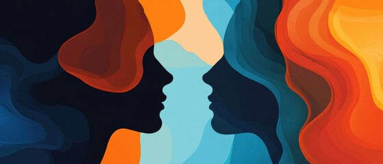 Poster - abstract illustration of two women silhouettes in profile with vibrant colors, representing connecti