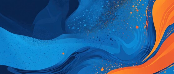 Poster - Abstract blue and orange fluid art background with dynamic swirls and splatters Concept of modern design, energy, and creativity