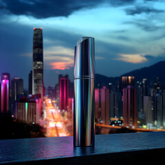 Poster - next-generation product launch,Sleek Crystal Bottle with Urban Cityscape Background at Sunset
