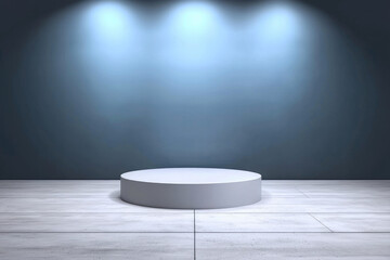 Poster - minimalist round platform is illuminated by soft blue lights against dark wall, creating serene and modern atmosphere perfect for showcasing products or performances