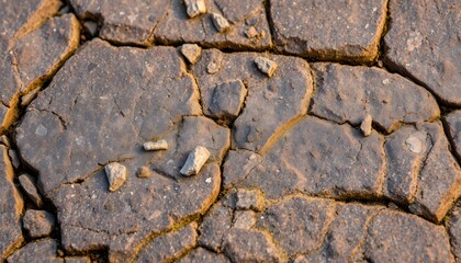 Poster - A cracked surface of stone displaying unique patterns and textures in natural light