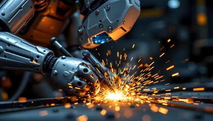 Poster - Close-up of robotic arms skillfully welding steel components in an industrial environment