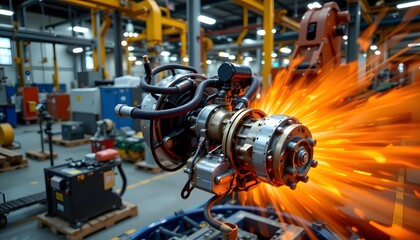 Poster - Energy-efficient motor operating with fire in the background showcasing industrial power dynamics