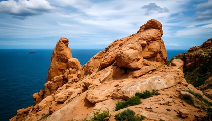Poster - Eroded wind-swept rocky cliff rising above a calm body of water under clear skies